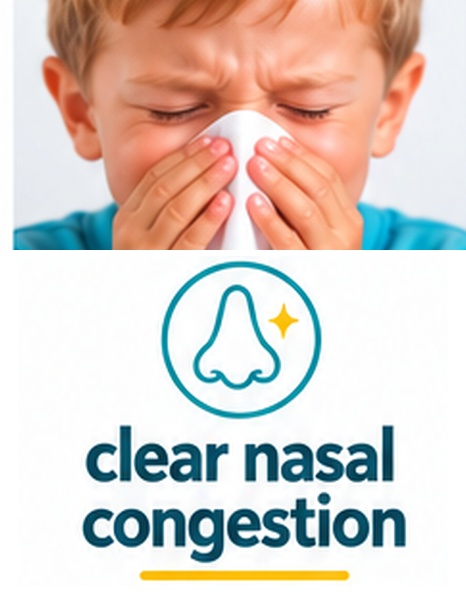 Child clearing a congested nose, with 3% saline used for nasal care
