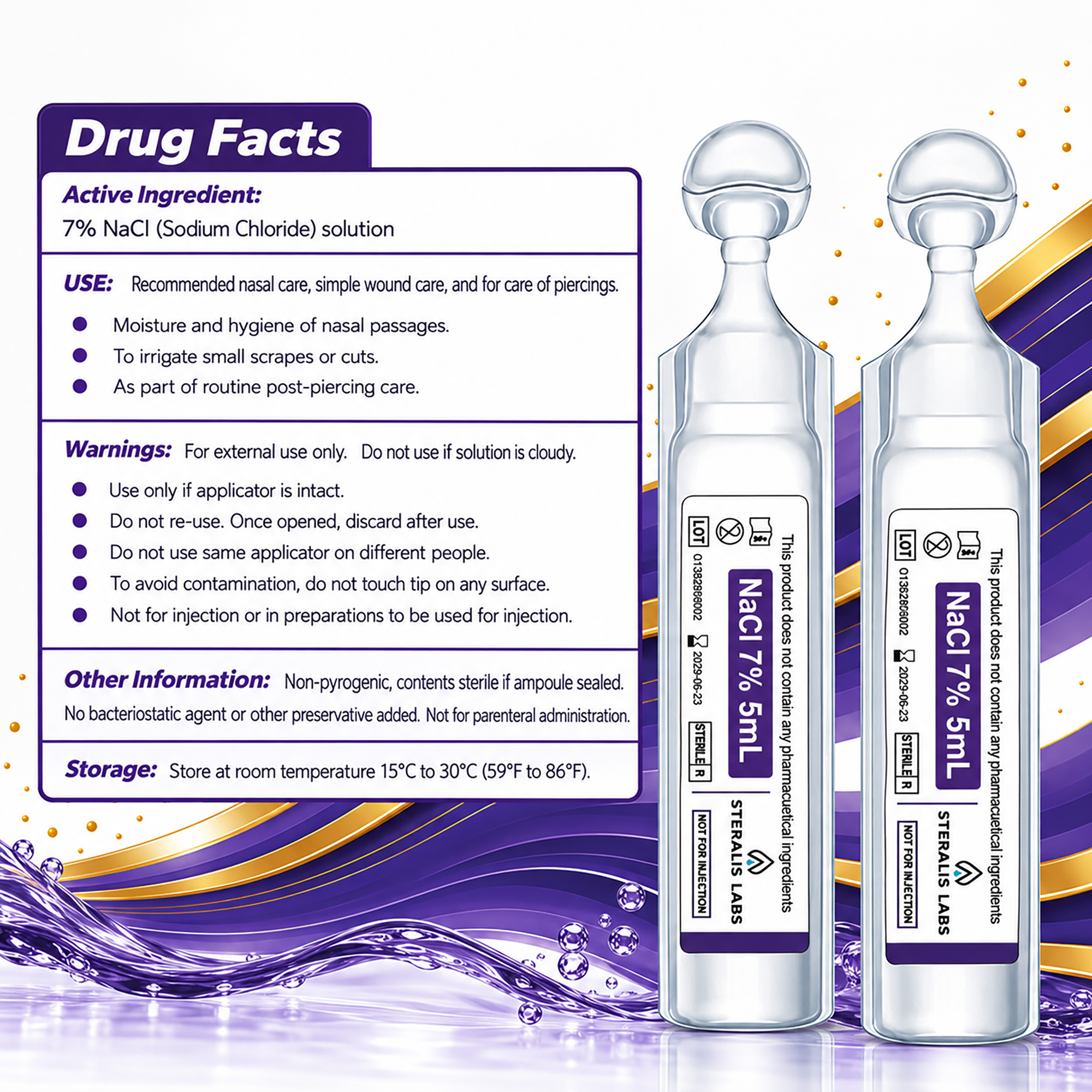 Steralis Labs 7% Sodium Chloride Solution Drug Facts, warnings, other information, and storage instructions