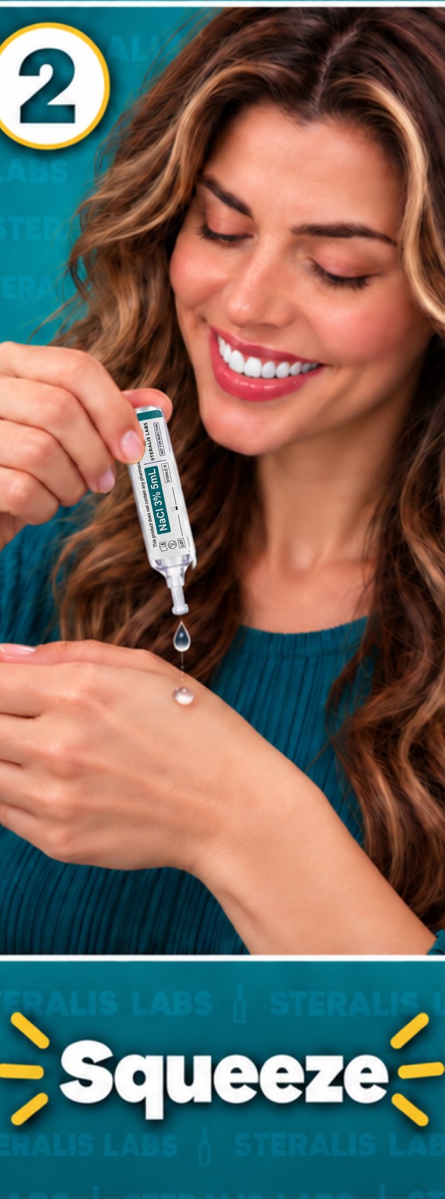 Step 2 — Squeeze: woman squeezing drops from a Steralis Labs 3% saline ampoule