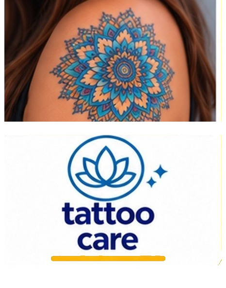 Saline being used to gently rinse a fresh tattoo during healing