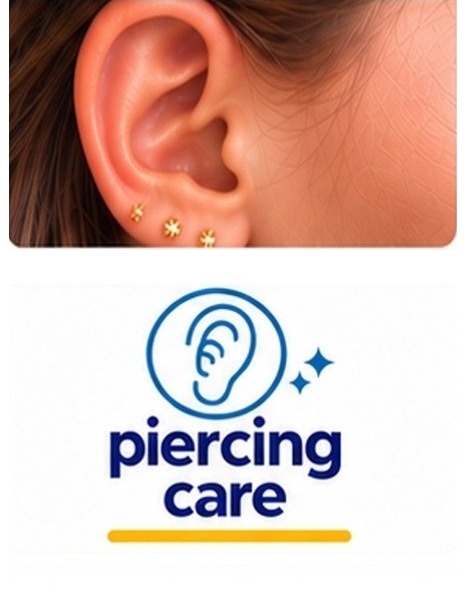 Saline soaked gauze being held against a healing ear piercing