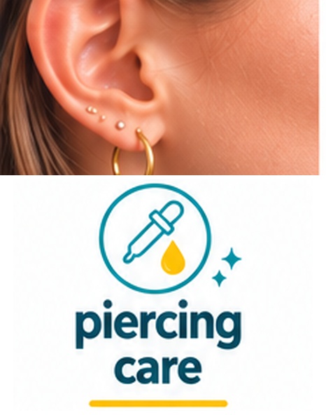 Healing ear piercings cared for with sterile 3% saline