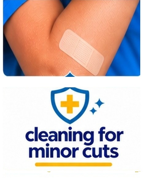 Saline being used to rinse a small cut on a hand before dressing it