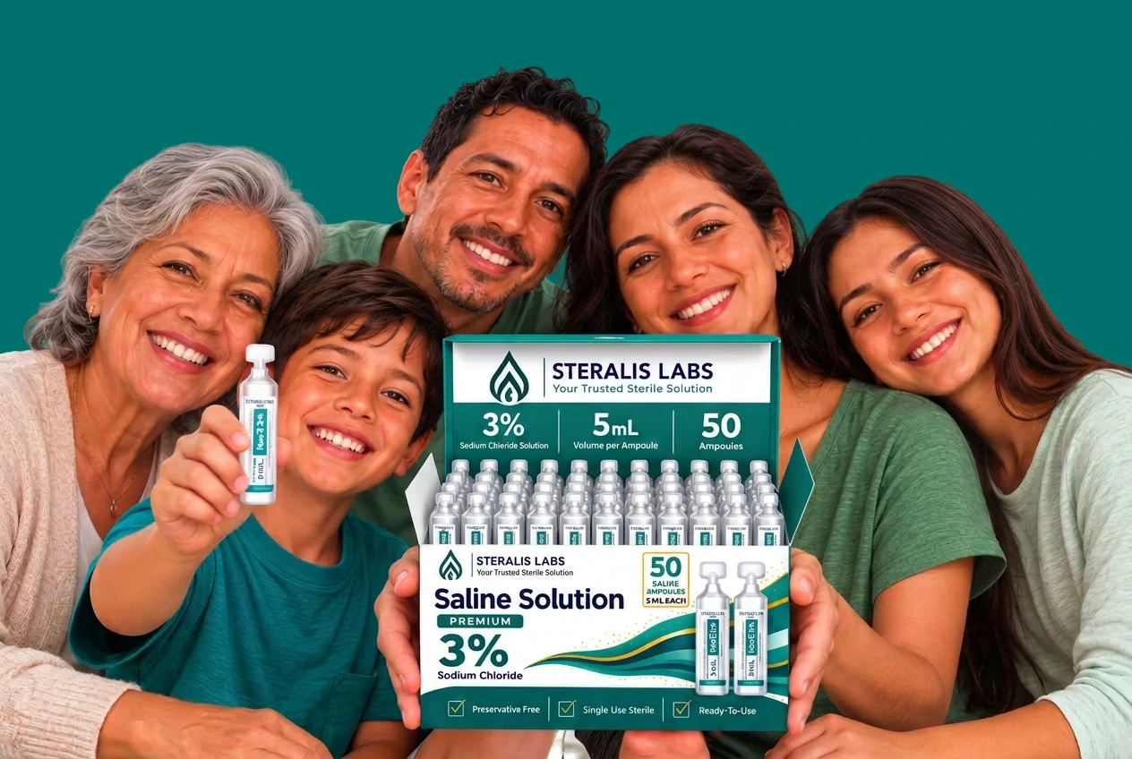 Family holding an open box of Steralis 3% saline ampoules