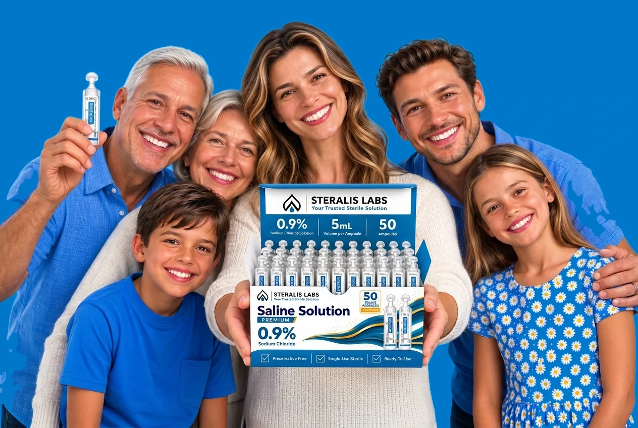 Family holding an open box of Steralis 0.9% saline ampoules