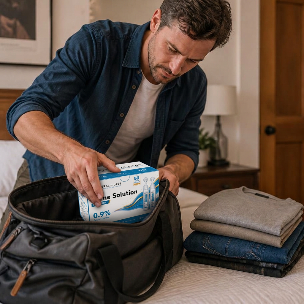 Father packing a Steralis 0.9% saline box for a family trip