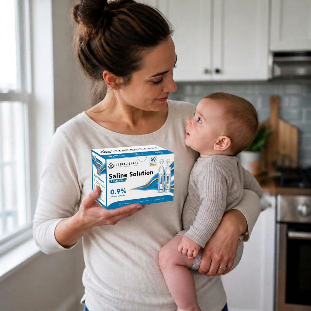 Mother carrying her baby while holding a Steralis 0.9% saline box
