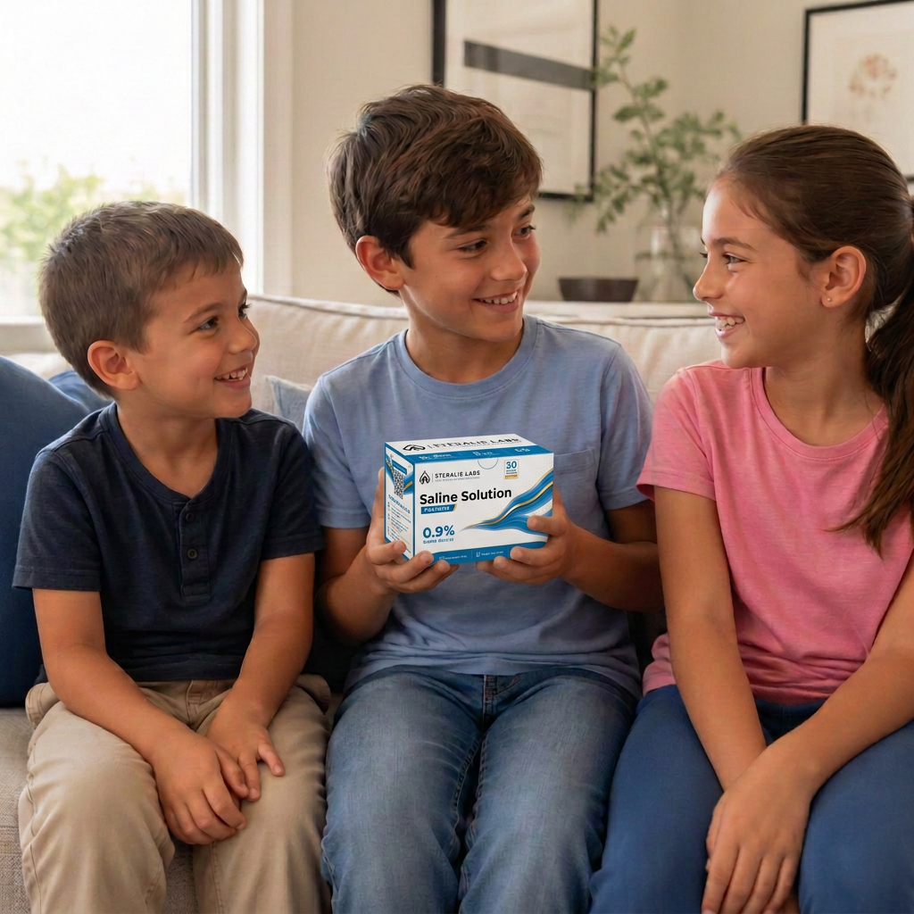 Three children together with a Steralis 0.9% saline box