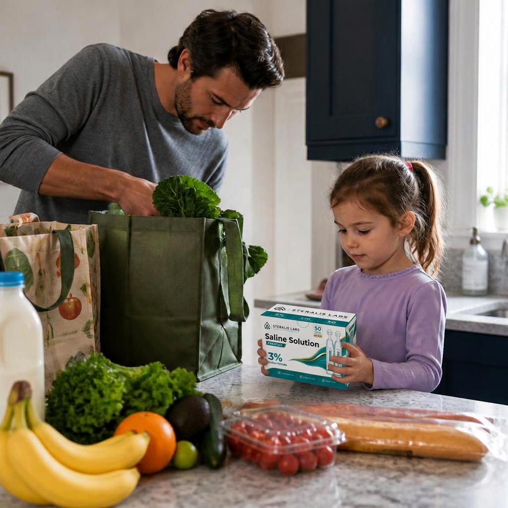 Father and daughter putting groceries away with Steralis 3% saline
