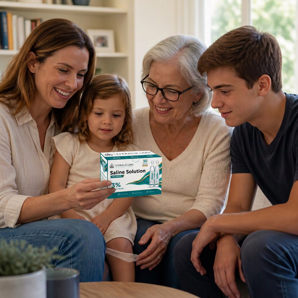 Multigenerational family sharing a Steralis 3% saline box