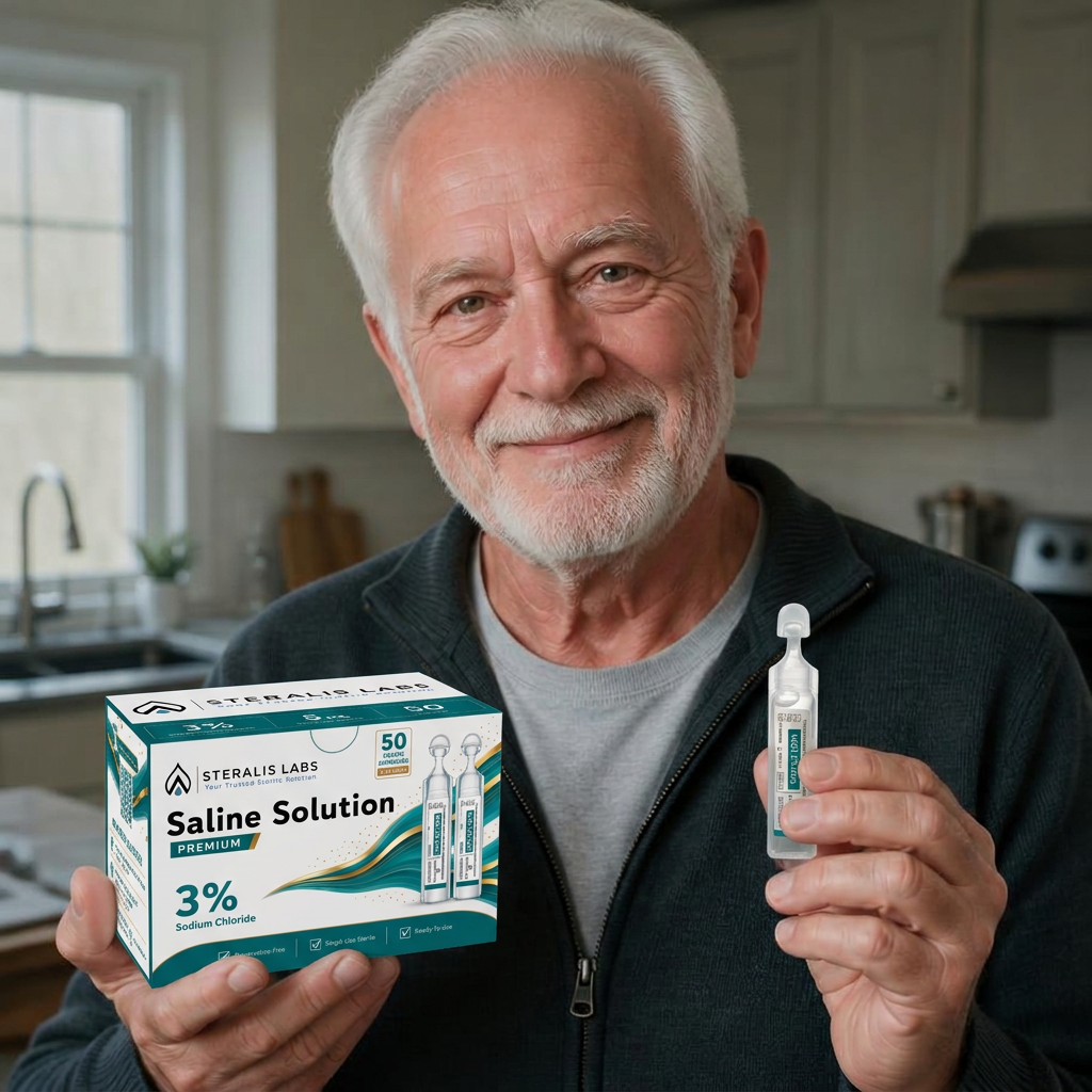 Older man holding Steralis 3% saline and a single-use ampoule