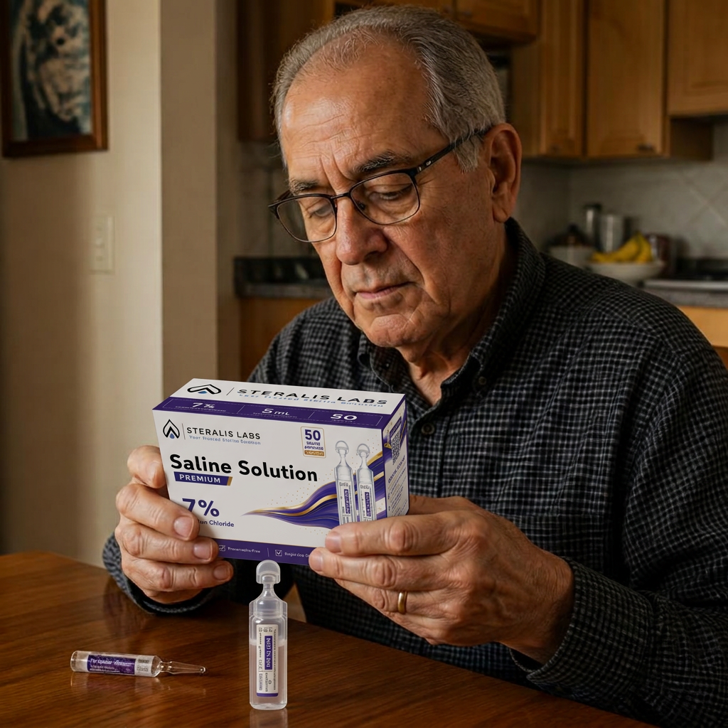 Older man reading a Steralis 7% saline box with a single-use ampoule