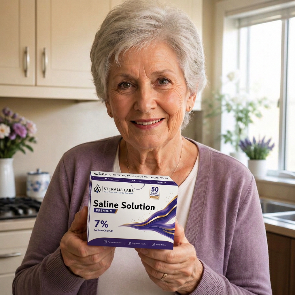 Older woman holding a Steralis 7% saline box