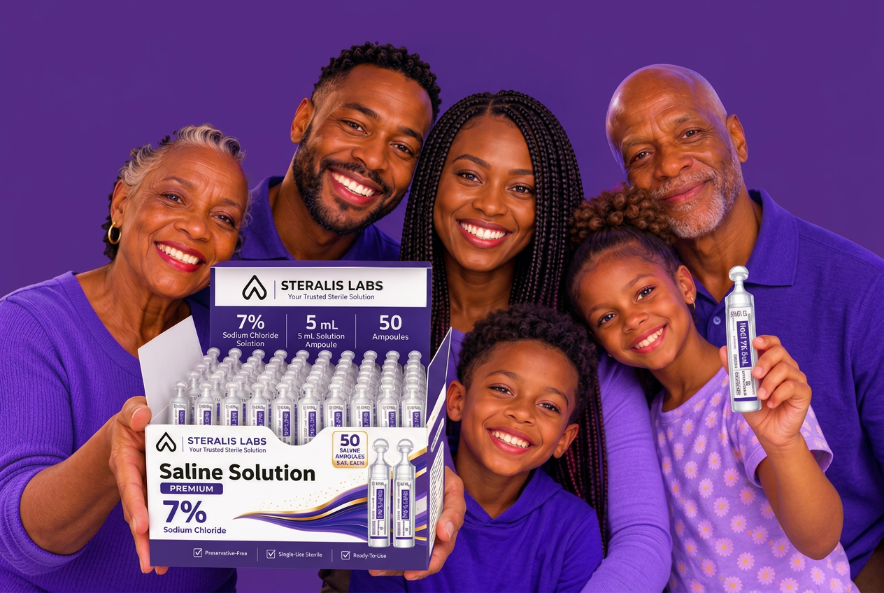 Family holding an open box of Steralis 7% saline ampoules